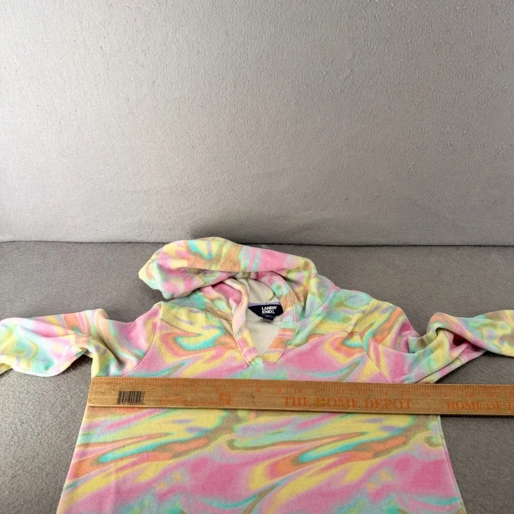 Lands' End Girls L 10/12 Robe Beach Cover Up Hooded Pink Yellow Terry Cloth Swim